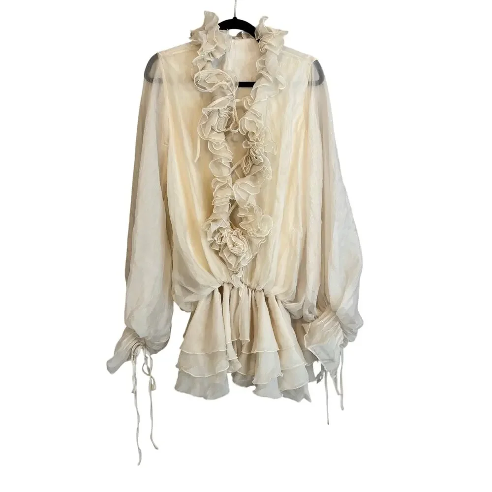 Womens Apricot High Waist Spliced Appliques Lantern Sleeve Mini Dress Medium - Picture 2 of 9